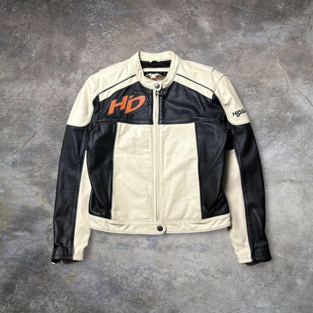 Harley-Davidson genuine leather motorcycle riding jacket black cream HD Medium